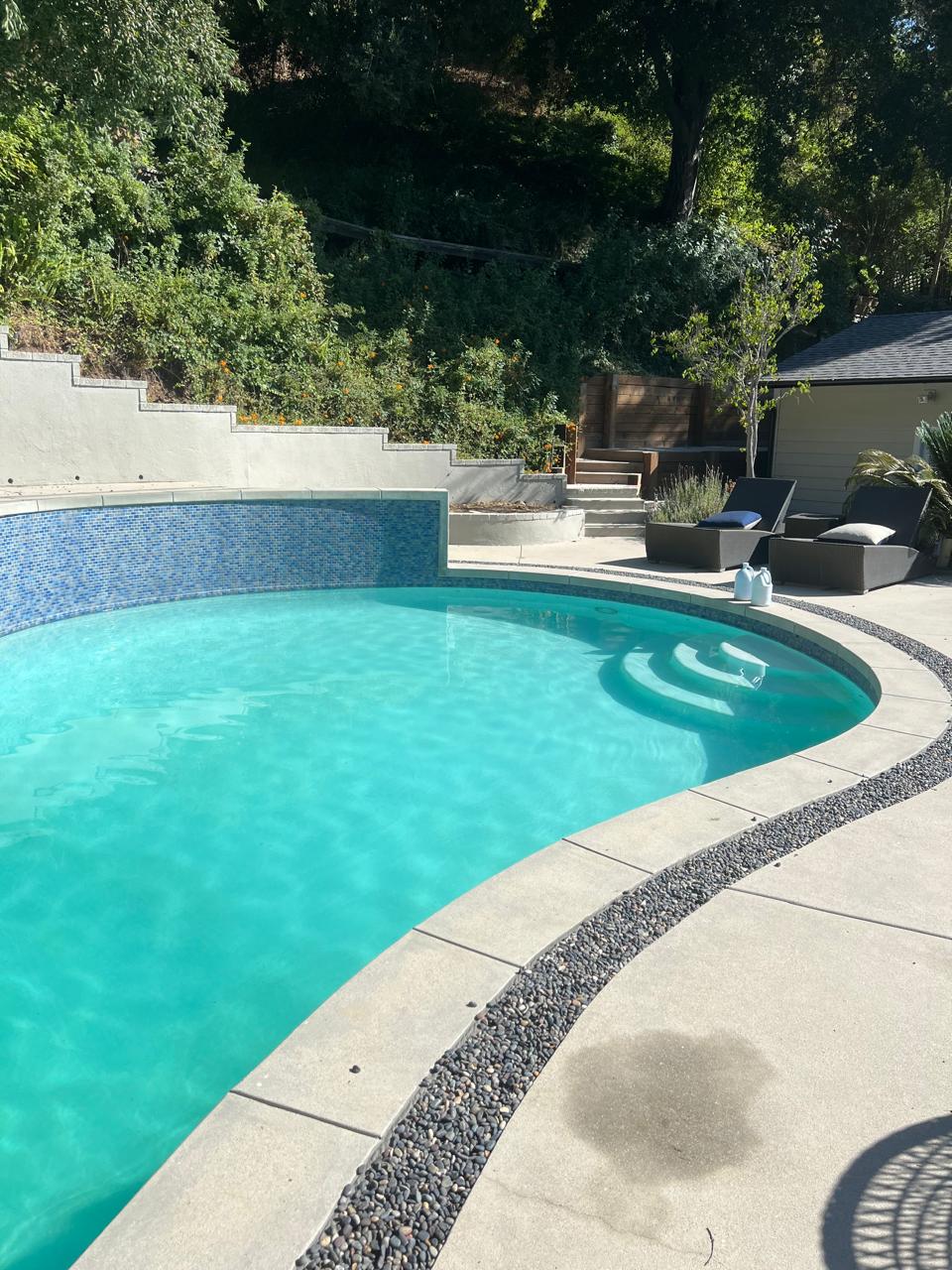 Freeform pool with blue mosaic tile and a hillside garden, cleaned and balanced by KLUG Pool Services