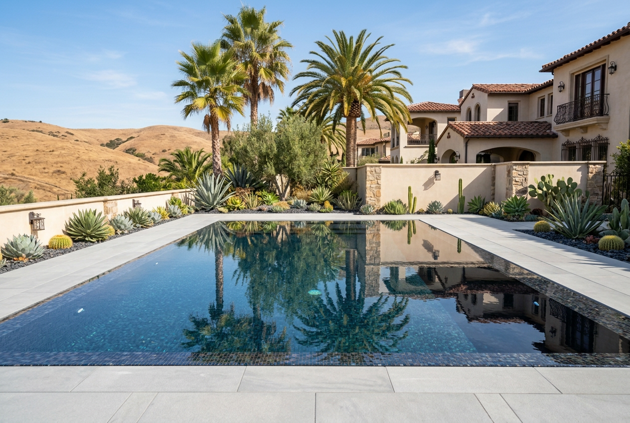 Backyard swimming pool after KLUG Pool Services cleanup, with clear blue water