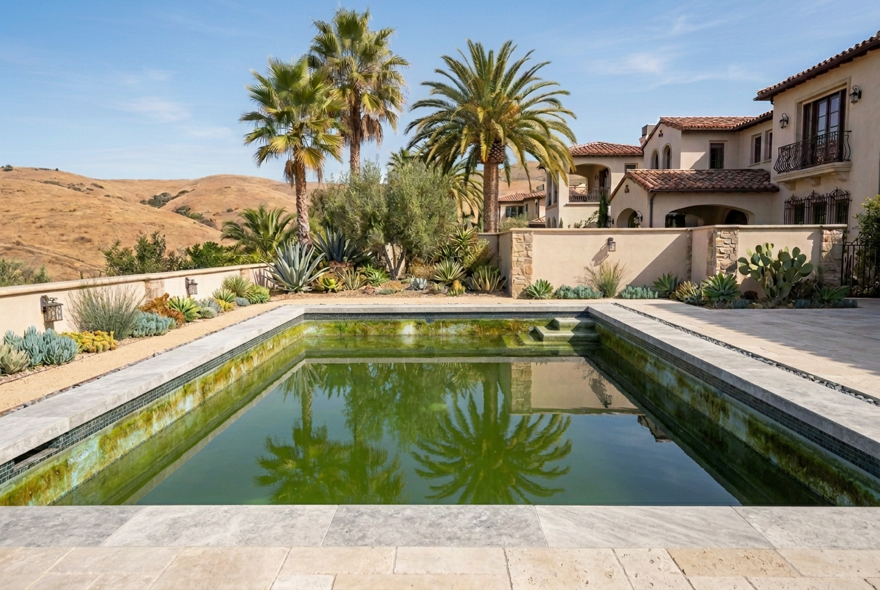 Neglected backyard swimming pool before service, with dark green algae water