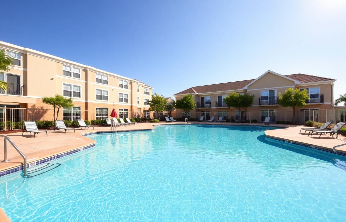 Large HOA community swimming pool with clean blue water and lounge seating
