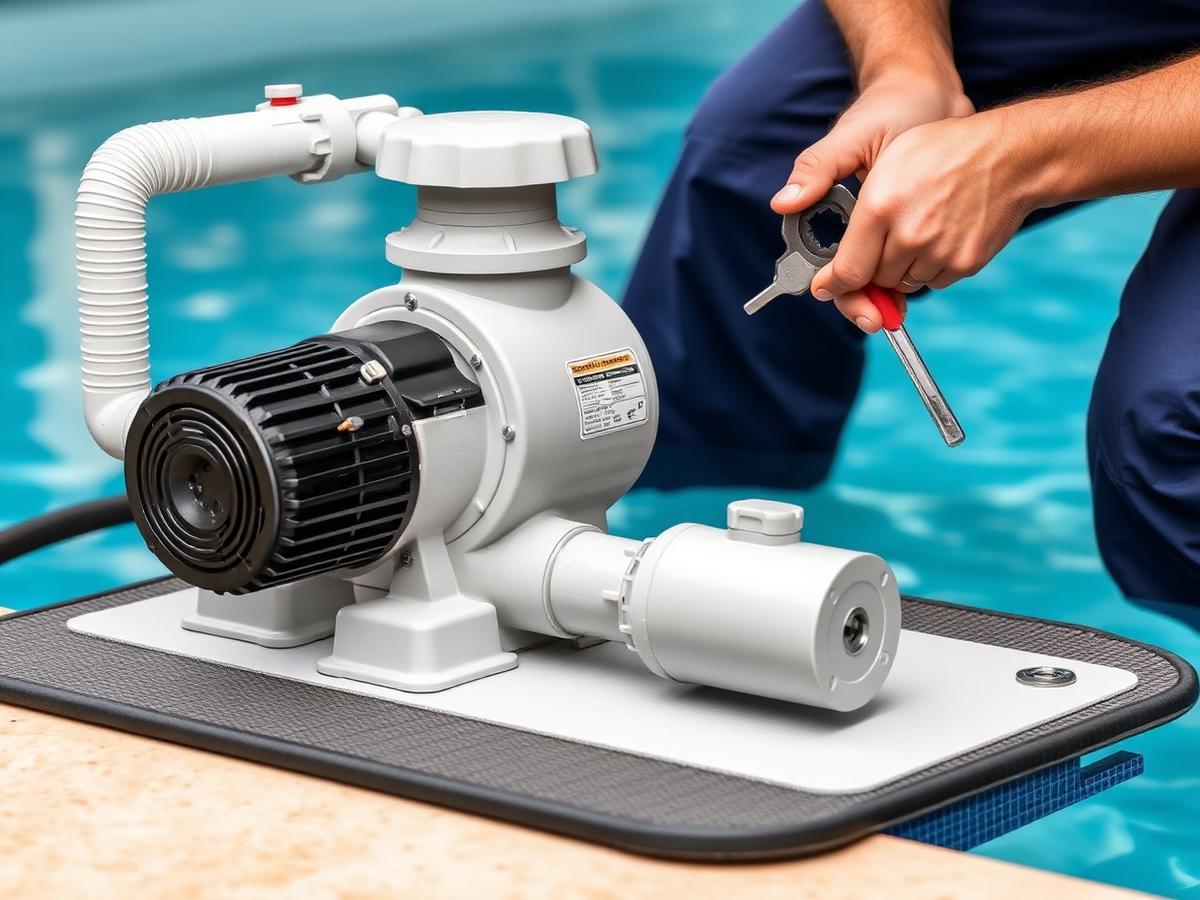 Pool pump and filter equipment pad being serviced by a KLUG technician